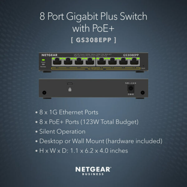 Netgear GS308EPP 8-port Gigabit PoE+ managed network switch with LED indicators and ventilation for optimal performance. – image 4