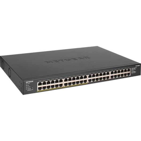 Front-left view of Netgear GS348PP 48-port Gigabit PoE+ unmanaged network switch showing ports and LED indicators. – image 1