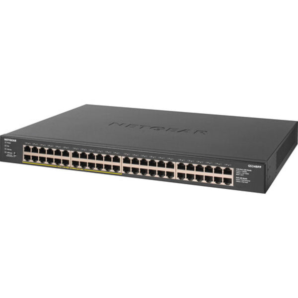 Front right view of Netgear GS348PP 48-port Gigabit PoE+ unmanaged network switch with multiple Ethernet ports. – image 2