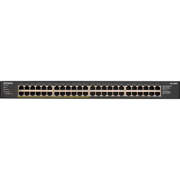 Front view of the Netgear GS348PP 48-port Gigabit PoE+ unmanaged network switch with multiple Ethernet ports and indicator lights. – image 3