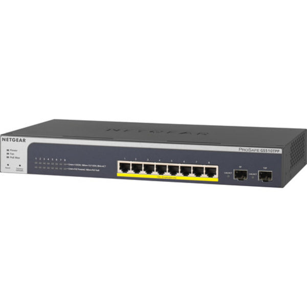 Front left view of Netgear GS510TPP 8-port Gigabit Ethernet smart switch with PoE+ and 2 SFP ports, 190W power capacity. – image 3