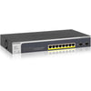 NETGEAR GS510TPP 8-port Gigabit Ethernet smart switch with high-power PoE+ and 2 SFP ports, front right view.