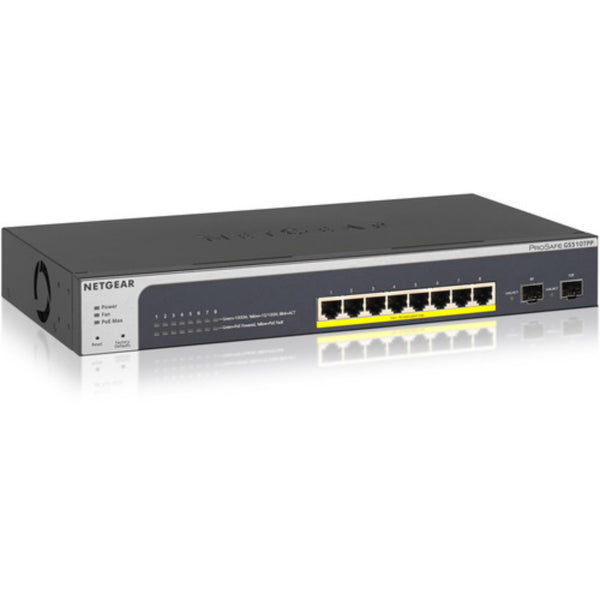 NETGEAR GS510TPP 8-port Gigabit Ethernet smart switch with high-power PoE+ and 2 SFP ports, front right view. – image 1