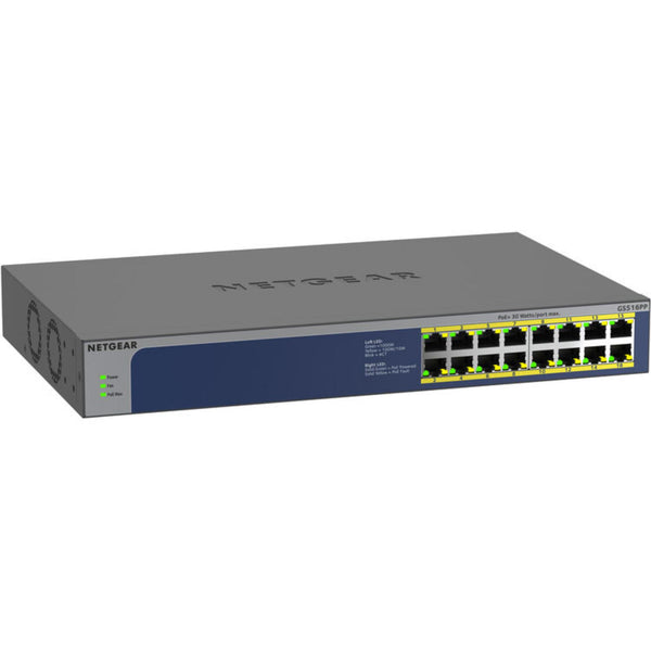 Front view of Netgear GS516PP 16-port Gigabit Ethernet unmanaged switch with high-power PoE+ capabilities. – image 1