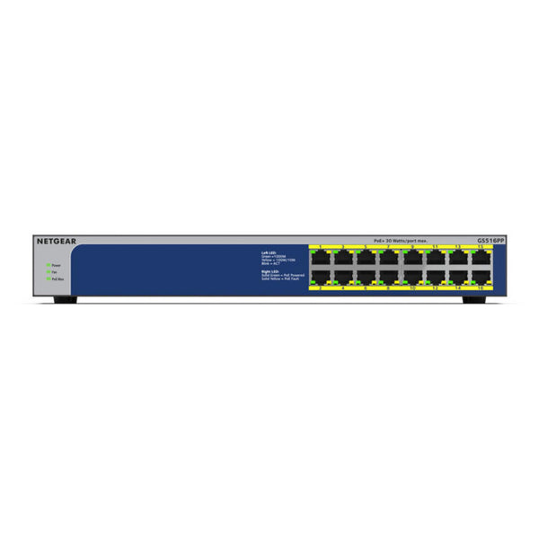 Front view of Netgear GS516PP 16-port Gigabit Ethernet unmanaged switch with high-power PoE+ capabilities. – image 2