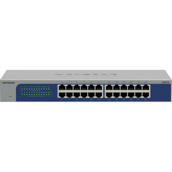 Front view of a Netgear 24-port Gigabit Ethernet unmanaged network switch with multiple ports for wired connections. – image 1