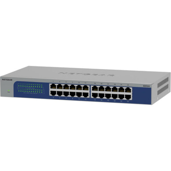 Front left isometric view of a Netgear 24-port Gigabit Ethernet unmanaged network switch with LED indicators and port labels. – image 2