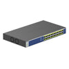 Front left view of Netgear GS524PP 24-port Gigabit Ethernet unmanaged switch with high-power PoE+ capabilities.