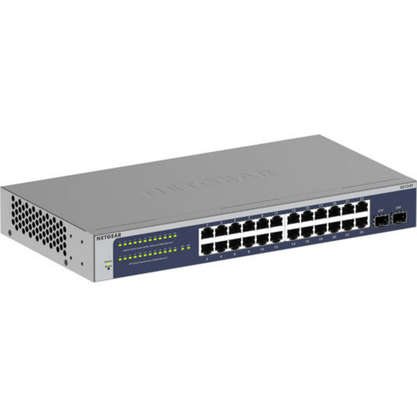 Front left view of Netgear GS724T 24-port Gigabit managed network switch showing ports and front panel features. – image 1