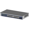 Front right view of the Netgear GS724T 24-port Gigabit managed network switch showing front panel with ports and status LEDs.