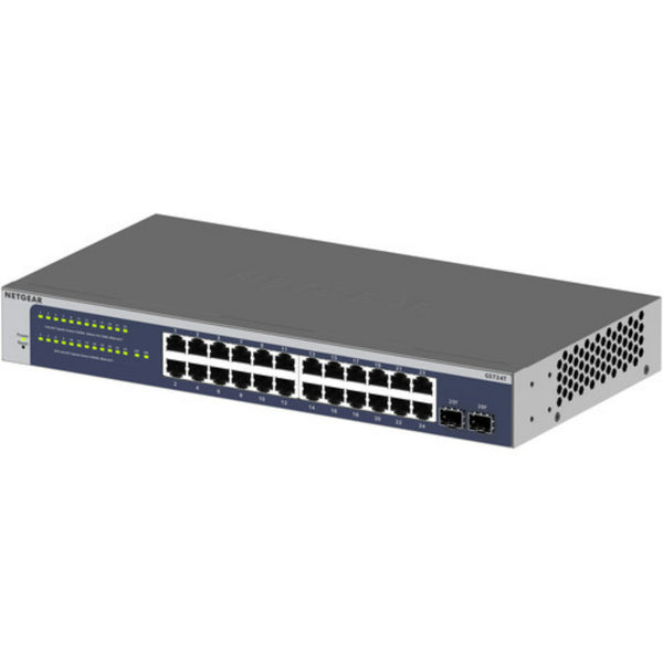 Front right view of the Netgear GS724T 24-port Gigabit managed network switch showing front panel with ports and status LEDs. – image 3