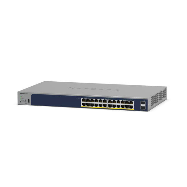 Front left view of Netgear GS724TPv3 24-port Gigabit PoE+ managed network switch with 190W power.