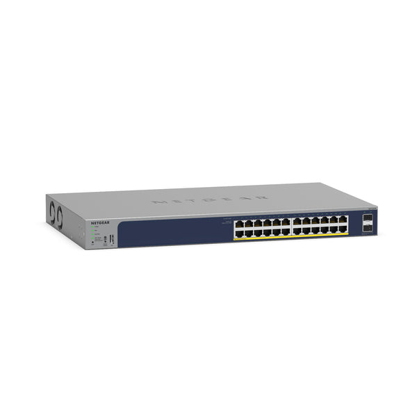 Netgear GS724TPv3 24-port Gigabit PoE+ managed network switch with front-right view, showing ports and status LEDs.