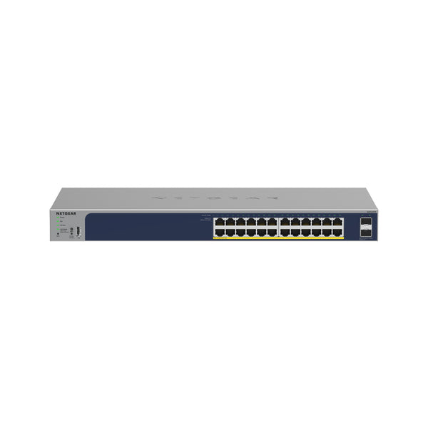 Front view of Netgear GS724TPv3 24-port Gigabit PoE+ managed network switch with 190W power, featuring multiple Ethernet ports.