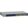 Front view of Netgear GS728TP 24-port Gigabit PoE+ managed network switch with ports and LED indicators.