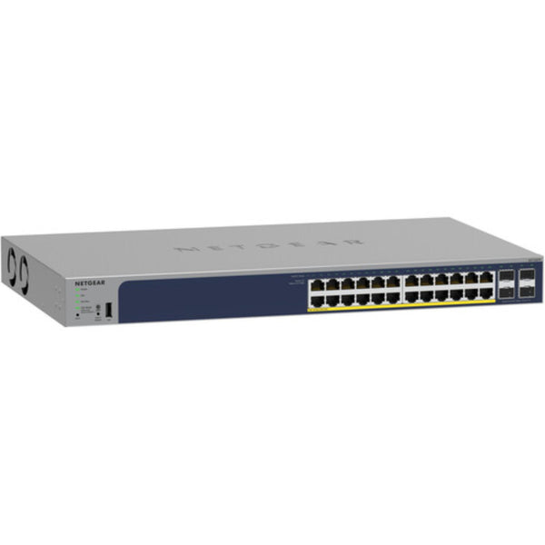 Front view of Netgear GS728TP 24-port Gigabit PoE+ managed network switch with ports and LED indicators. – image 1