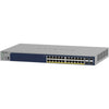 Front right view of Netgear GS728TP 24-port Gigabit PoE+ managed network switch showing ports and LED indicators