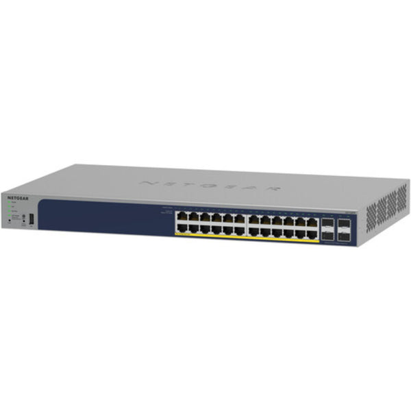 Front right view of Netgear GS728TP 24-port Gigabit PoE+ managed network switch showing ports and LED indicators – image 3