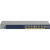 Front view of Netgear GS728TP 24-port Gigabit PoE+ managed network switch with LED indicators and port labels.