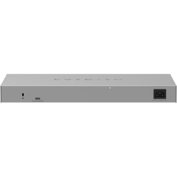 Rear view of Netgear GS728TP 24-port Gigabit PoE+ managed network switch showing multiple Ethernet ports and power connections. – image 5
