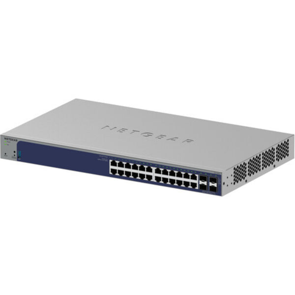 Front left view of Netgear GS728TX 24-port Gigabit smart network switch with SFP+ ports and remote/cloud management features. – image 3