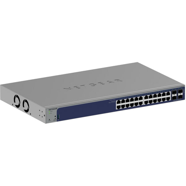 Netgear GS728TX 24-port Gigabit smart network switch with SFP+ ports and remote/cloud management, front right view. – image 1