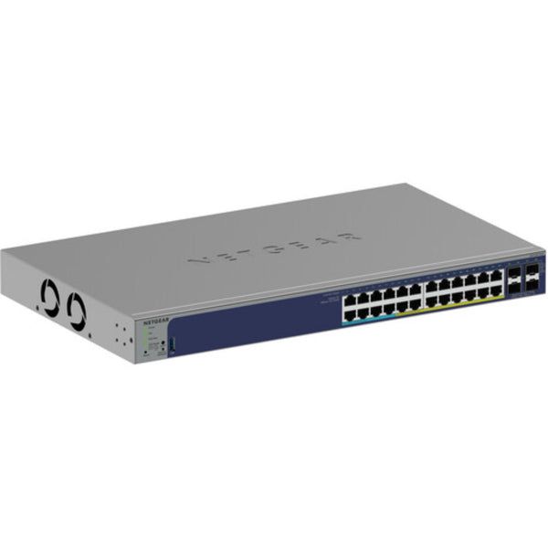 Netgear GS728TXUPv3 24-port Gigabit PoE++ managed network switch with front and left view, featuring multiple Ethernet ports. – image 1