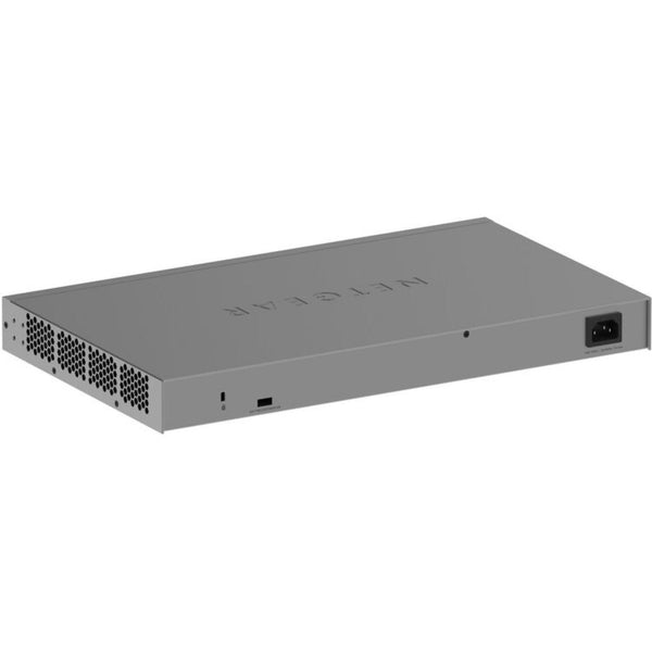 Rear view of Netgear GS728TXUPv3 24-port Gigabit PoE++ managed network switch showing ports and connection interfaces. – image 4