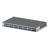 Netgear GS748T 48-port Gigabit Ethernet smart switch with dual copper/SFP combo ports and two dedicated SFP ports.