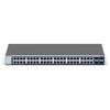 Netgear GS748T 48-port gigabit Ethernet smart switch with 2 combo copper/SFP ports and 2 dedicated SFP ports, front view.