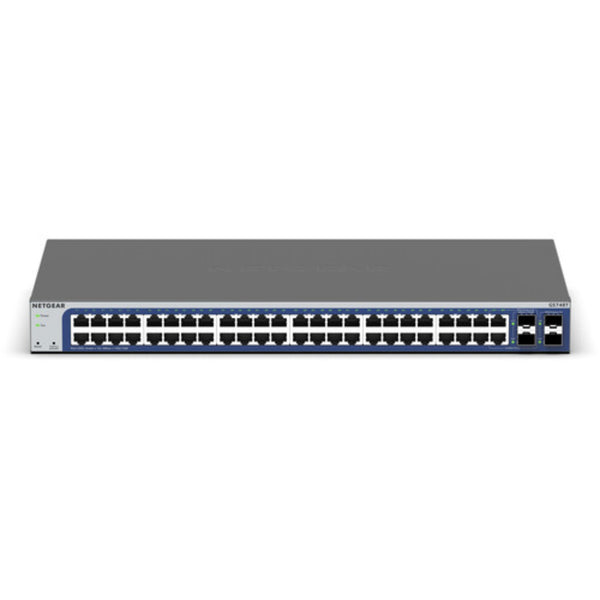 Netgear GS748T 48-port gigabit Ethernet smart switch with 2 combo copper/SFP ports and 2 dedicated SFP ports, front view. – image 1