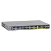 Front left view of Netgear GS752TPv3 48-port Gigabit managed network switch with PoE+ and 380W power supply.