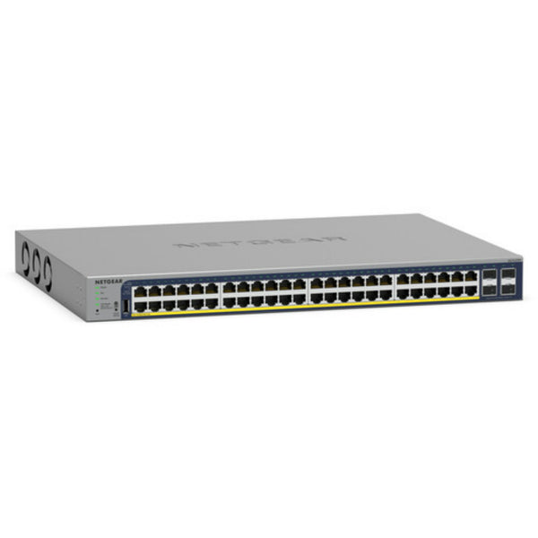 Front left view of Netgear GS752TPv3 48-port Gigabit managed network switch with PoE+ and 380W power supply.