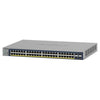 Front right view of Netgear GS752TPv3 48-port PoE+ managed gigabit network switch with 380W power supply.