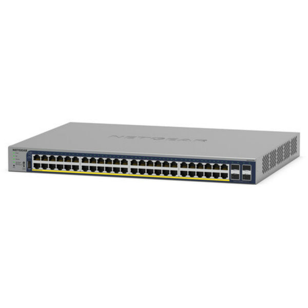 Front right view of Netgear GS752TPv3 48-port PoE+ managed gigabit network switch with 380W power supply.