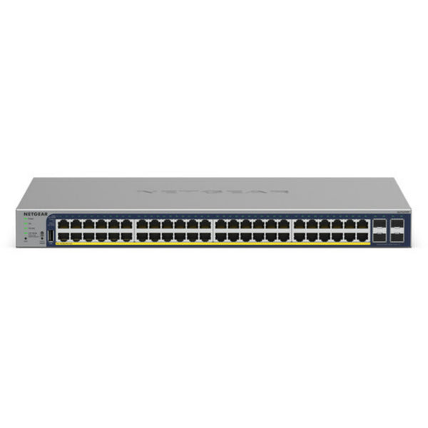 Front view of Netgear GS752TPv3 48-port Gigabit managed network switch with PoE+ ports and 380W power supply.