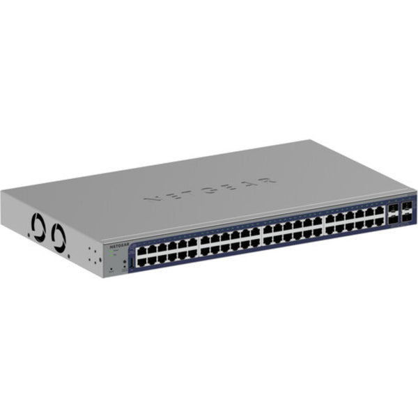 Front left view of Netgear GS752TXv3 48-port Gigabit managed network switch showing ports and status LEDs. – image 2
