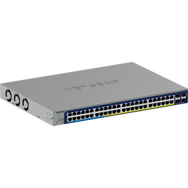Front left view of the Netgear GS752TXUPv3 48-port Gigabit PoE++ managed network switch with status LEDs and ports. – image 1