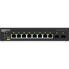 Front view of the Netgear AV Line M4250 GSM4210PX managed switch with 8 Gigabit PoE+ ports and SFP modules visible.