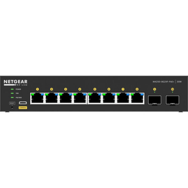 Front view of the Netgear AV Line M4250 GSM4210PX managed switch with 8 Gigabit PoE+ ports and SFP modules visible. – image 3