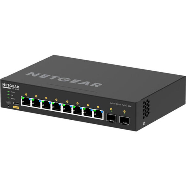 Netgear AV Line M4250 GSM4210PX managed switch with 8 gigabit PoE+ ports, SFP ports, front-left isometric view – image 4