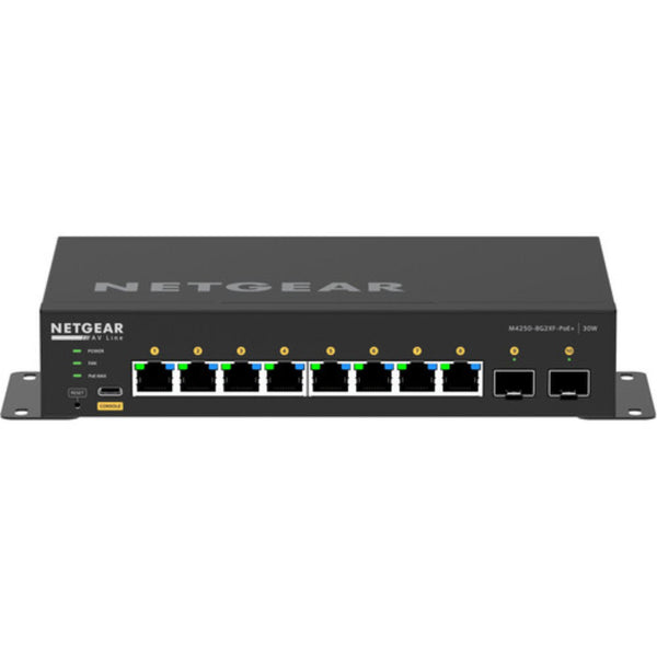 Front top view of Netgear AV Line M4250 GSM4210PX 8-port managed gigabit PoE+ switch with SFP ports and 220W power. – image 1