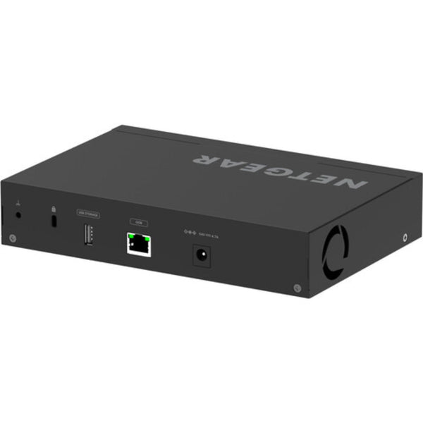 Rear left isometric view of Netgear AV Line M4250 GSM4210PX managed 8-port gigabit PoE+ AV switch with SFP, 220W power. – image 8