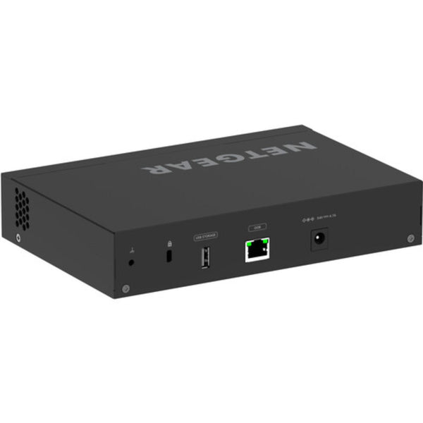 Rear right isometric view of Netgear AV Line M4250 GSM4210PX managed 8-port Gigabit PoE+ AV switch with SFP ports. – image 6