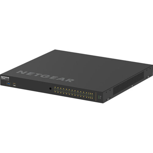 Netgear AV Line M4250 GSM4230PX managed 24-port Gigabit PoE+ network switch with SFP+ ports, front left isometric view – image 3