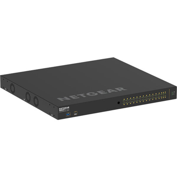 Netgear AV Line M4250 GSM4230PX 24-port Gigabit PoE+ managed network switch with SFP+ ports, shown from front right isometric view. – image 1