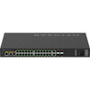Rear view of the Netgear AV Line M4250 GSM4230PX managed network switch with 24 Gigabit PoE+ ports and SFP+ slots.