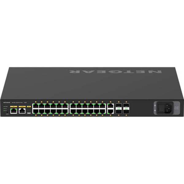 Rear view of the Netgear AV Line M4250 GSM4230PX managed network switch with 24 Gigabit PoE+ ports and SFP+ slots. – image 5
