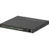 Rear left isometric view of Netgear AV Line M4250 GSM4230PX 24-port Gigabit PoE+ managed network switch with SFP+ ports.