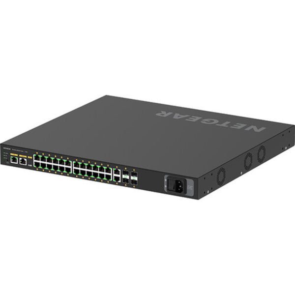 Rear left isometric view of Netgear AV Line M4250 GSM4230PX 24-port Gigabit PoE+ managed network switch with SFP+ ports. – image 6